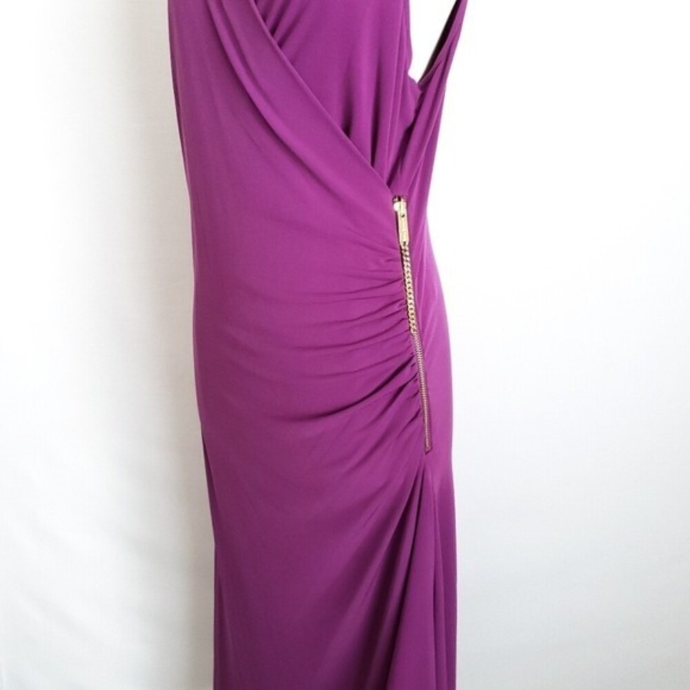 NWT Michael Kors Purple Gold Asymmetrical Ruched Zipper Cocktail Dress- Large, L - Picture 3 of 7